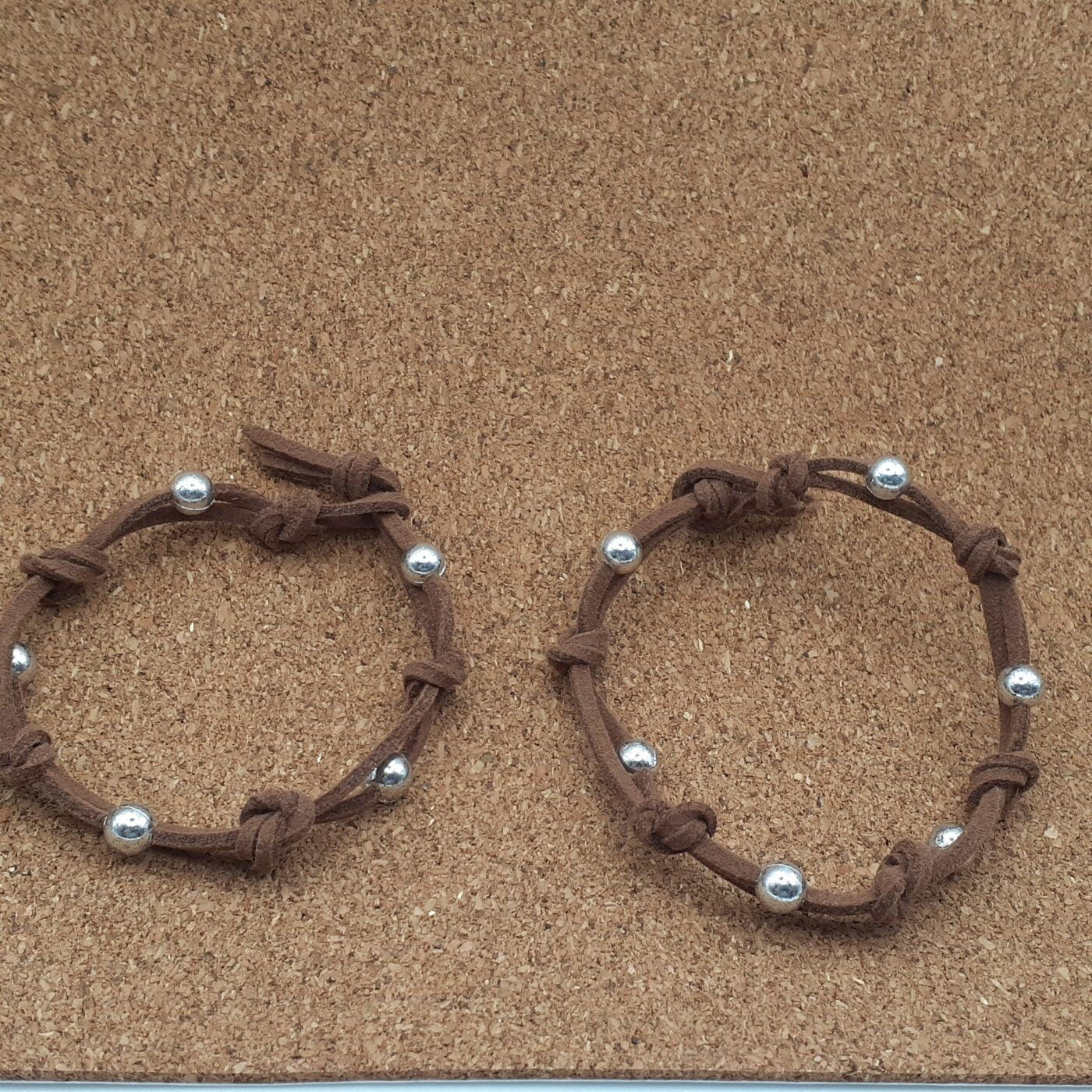 Knotted and Beaded Design on Double Suede Leather Lacing 2 piece Matching Bracelet Set (Tan)