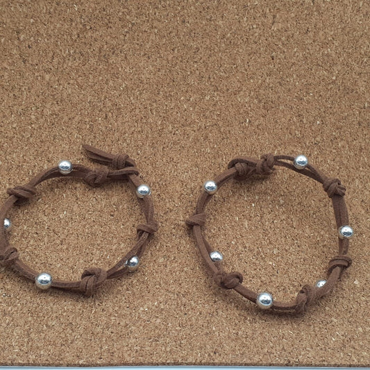 Knotted and Beaded Design on Double Suede Leather Lacing 2 piece Matching Bracelet Set (Tan)