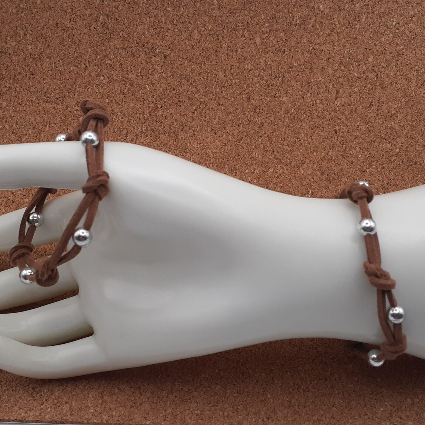 Knotted and Beaded Design on Double Suede Leather Lacing 2 piece Matching Bracelet Set (Tan)