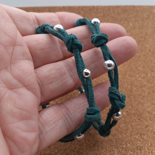 Knotted and Beaded Design on Double Suede Leather Lacing 2 piece Matching Bracelet Set (Teal)