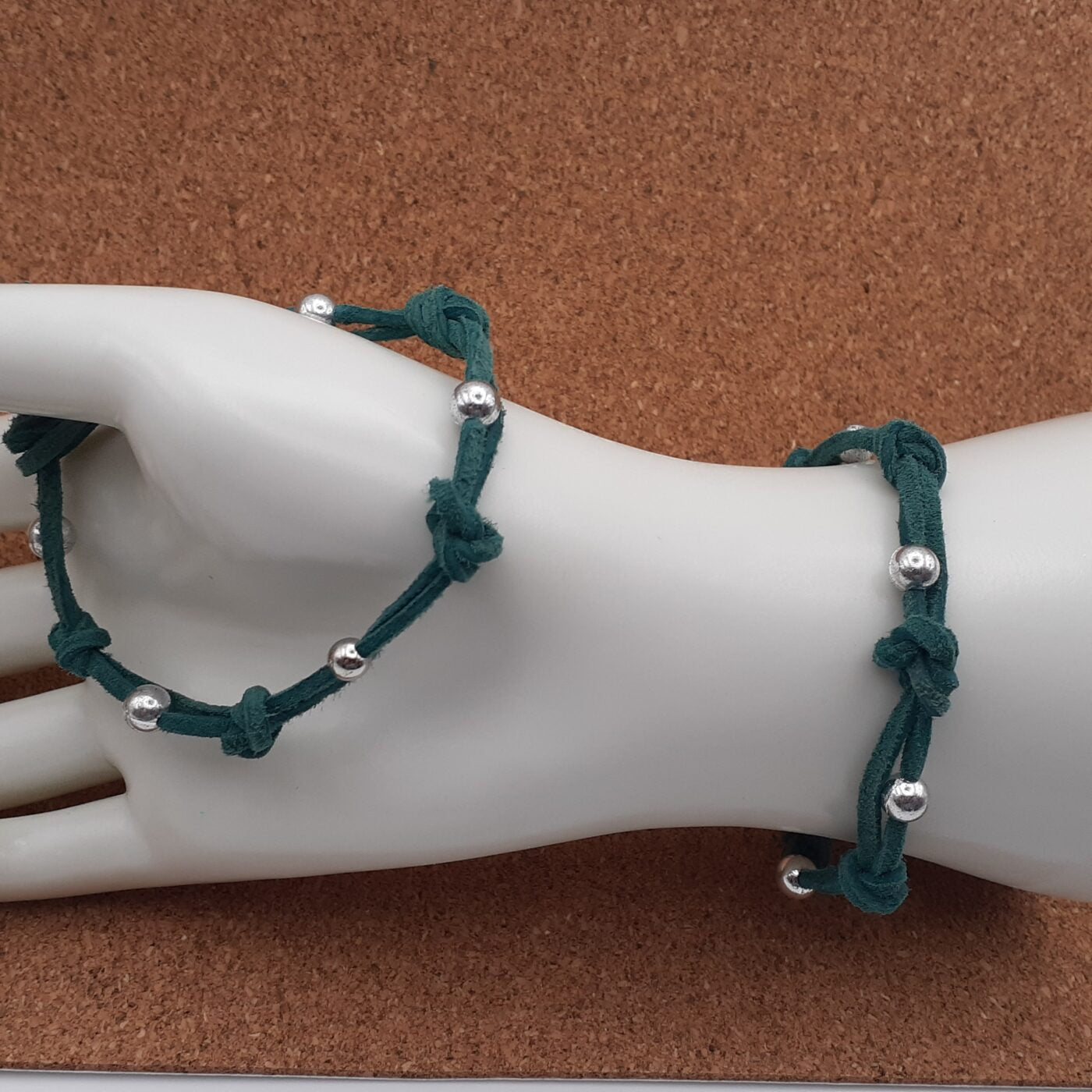 Knotted and Beaded Design on Double Suede Leather Lacing 2 piece Matching Bracelet Set (Teal)