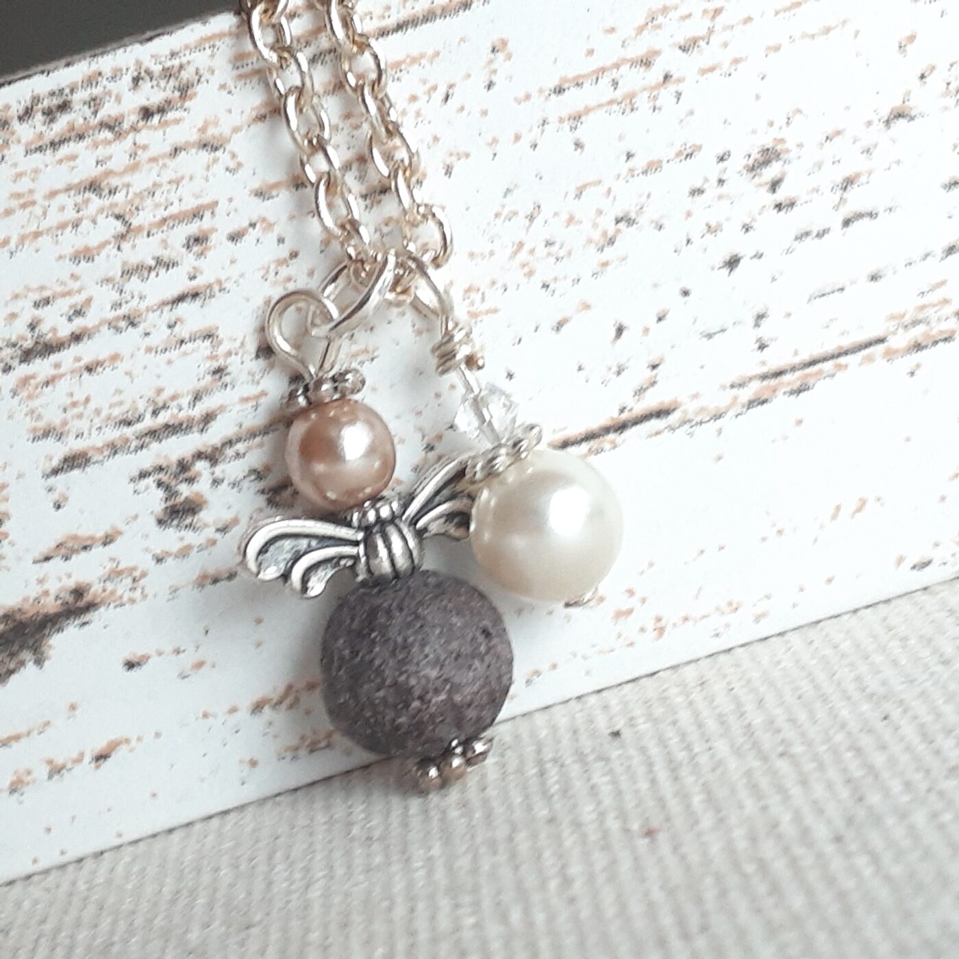 Lava Bead and Pearl Guardian Angel Charm and Pearl Charm Dangle on a Sterling Silver Necklace Chain