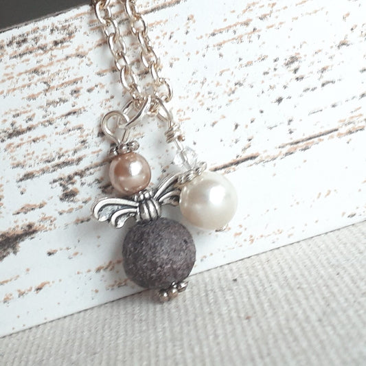 Lava Bead and Pearl Guardian Angel Charm and Pearl Charm Dangle on a Sterling Silver Necklace Chain