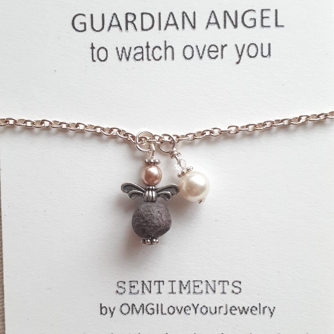 Lava Bead and Pearl Guardian Angel Charm and Pearl Charm Dangle on a Sterling Silver Necklace Chain
