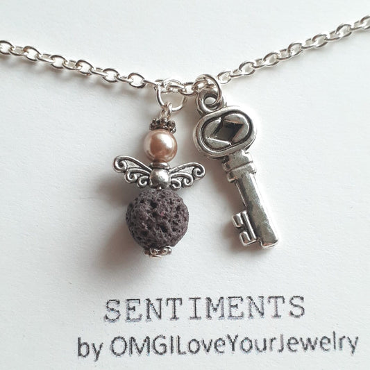 Lava Bead and Pearl Guardian Tiny Angel Charm and Tibetan Silver 3D Key Charm on Sterling Silver Chain Necklace