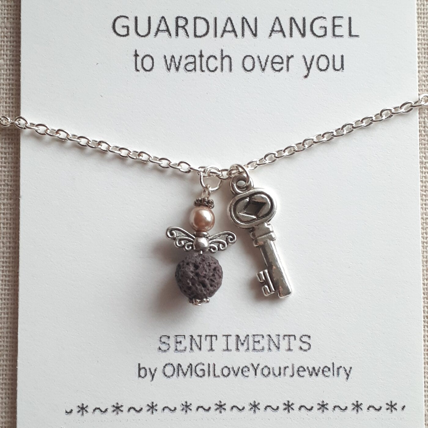 Lava Bead and Pearl Guardian Tiny Angel Charm and Tibetan Silver 3D Key Charm on Sterling Silver Chain Necklace