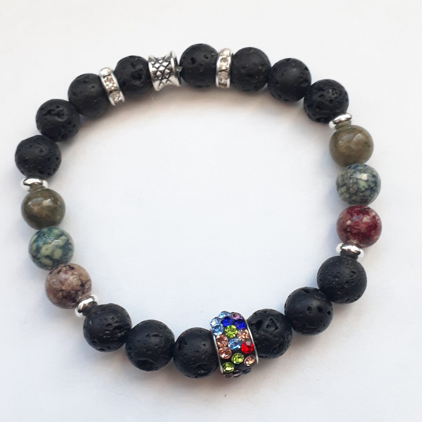 Lava Bead Stretch Bracelet with Bling Bling Colourful Rhinestone Encrusted Focal Bead