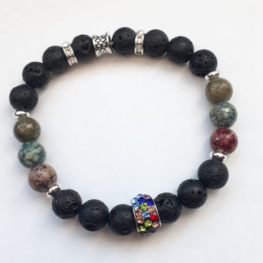 Lava Bead Stretch Bracelet with Bling Bling Colourful Rhinestone Encrusted Focal Bead