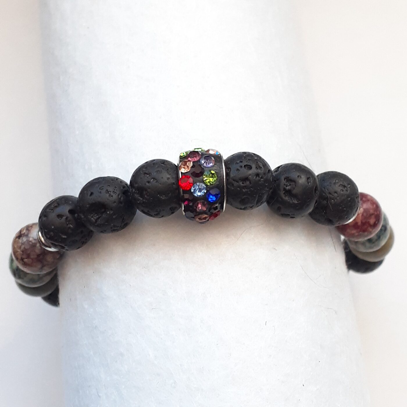 Lava Bead Stretch Bracelet with Bling Bling Colourful Rhinestone Encrusted Focal Bead
