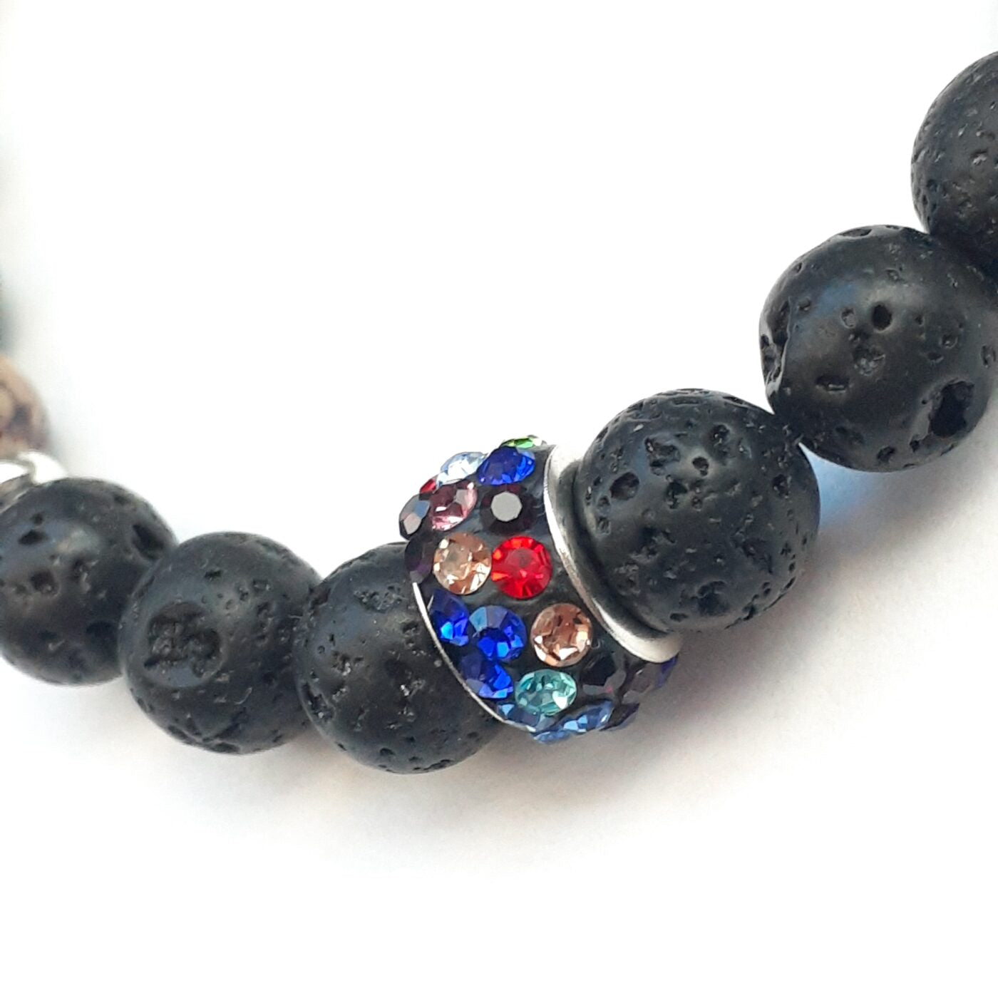 Lava Bead Stretch Bracelet with Bling Bling Colourful Rhinestone Encrusted Focal Bead