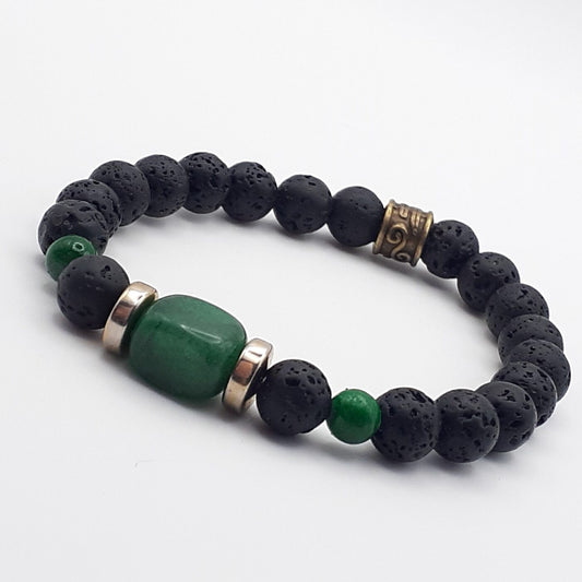 Lava stone stretch bracelet with green focal beads
