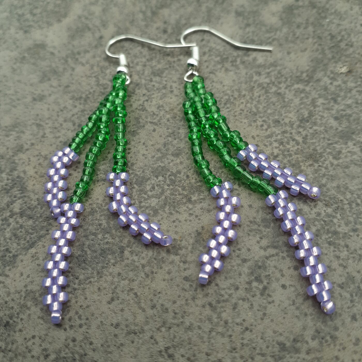 Lavender Earrings Hand Sewn Seed Bead Nature Inspired Flowers