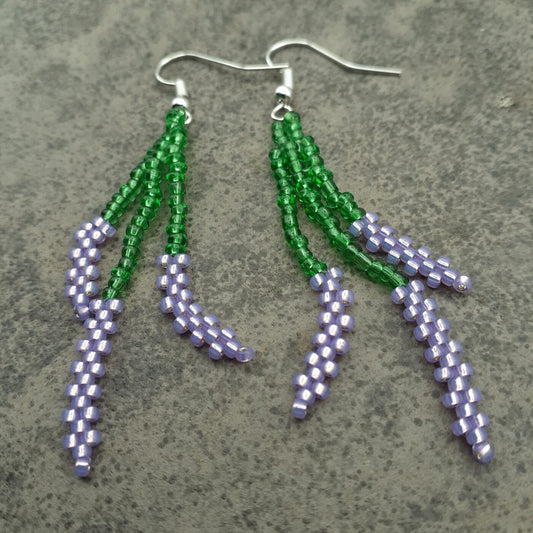 Lavender Earrings Hand Sewn Seed Bead Nature Inspired Flowers