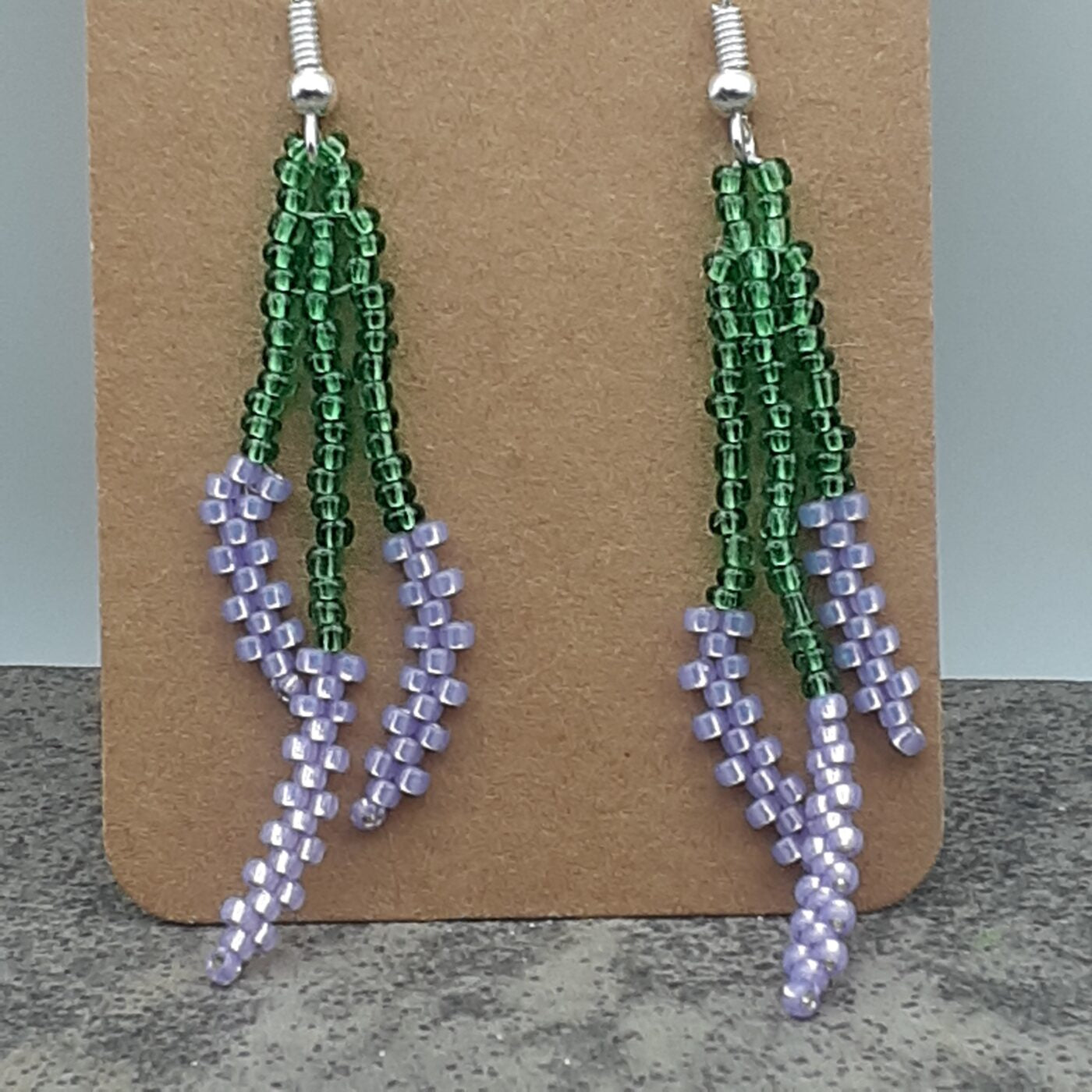 Lavender Earrings Hand Sewn Seed Bead Nature Inspired Flowers