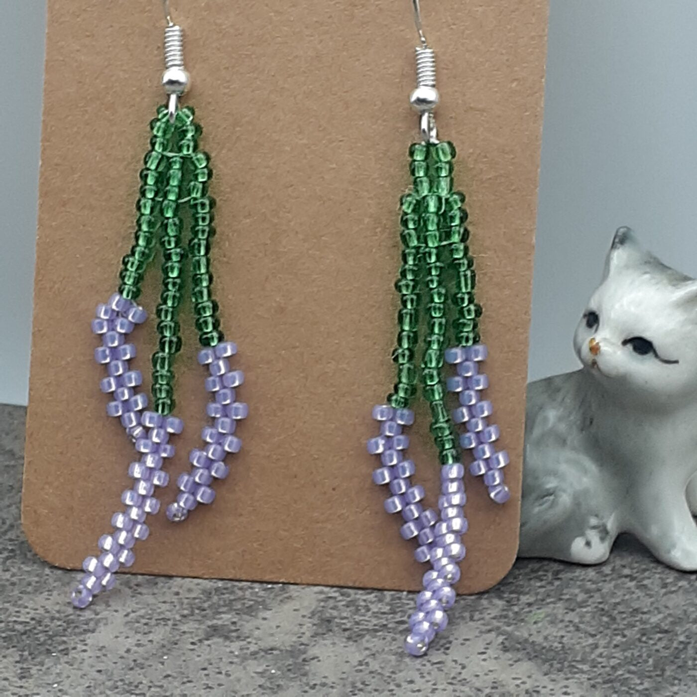 Lavender Earrings Hand Sewn Seed Bead Nature Inspired Flowers