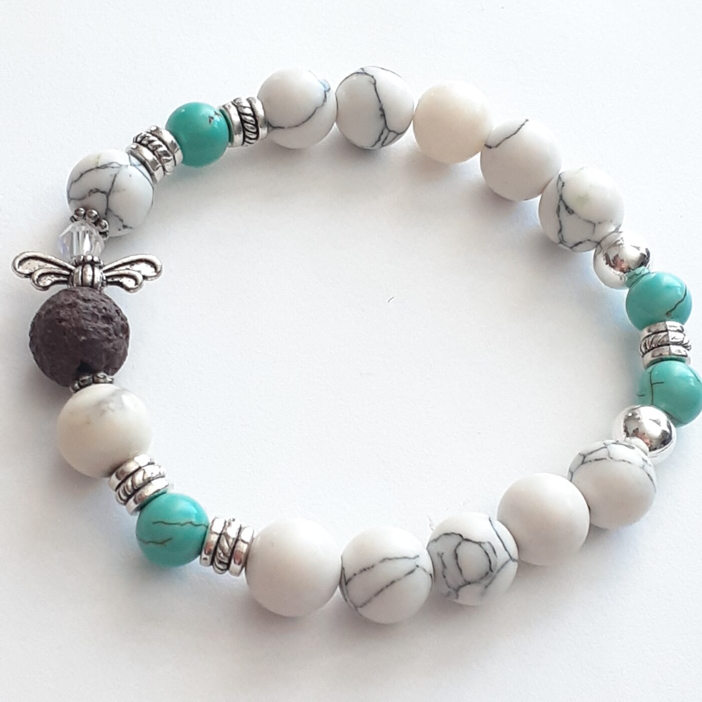 Little Lava Bead Angel White Howlite And Turquoise Howlite Beaded Stretch Bracelet