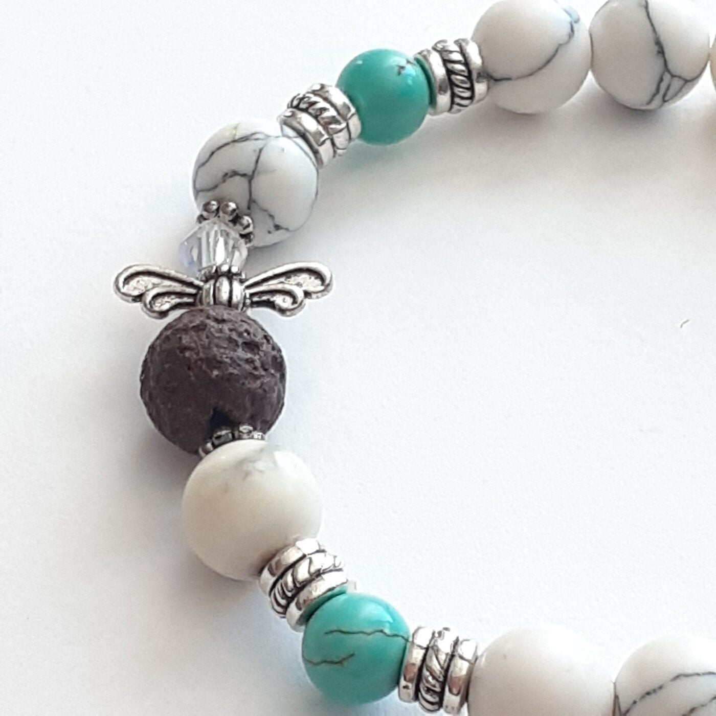 Little Lava Bead Angel White Howlite And Turquoise Howlite Beaded Stretch Bracelet