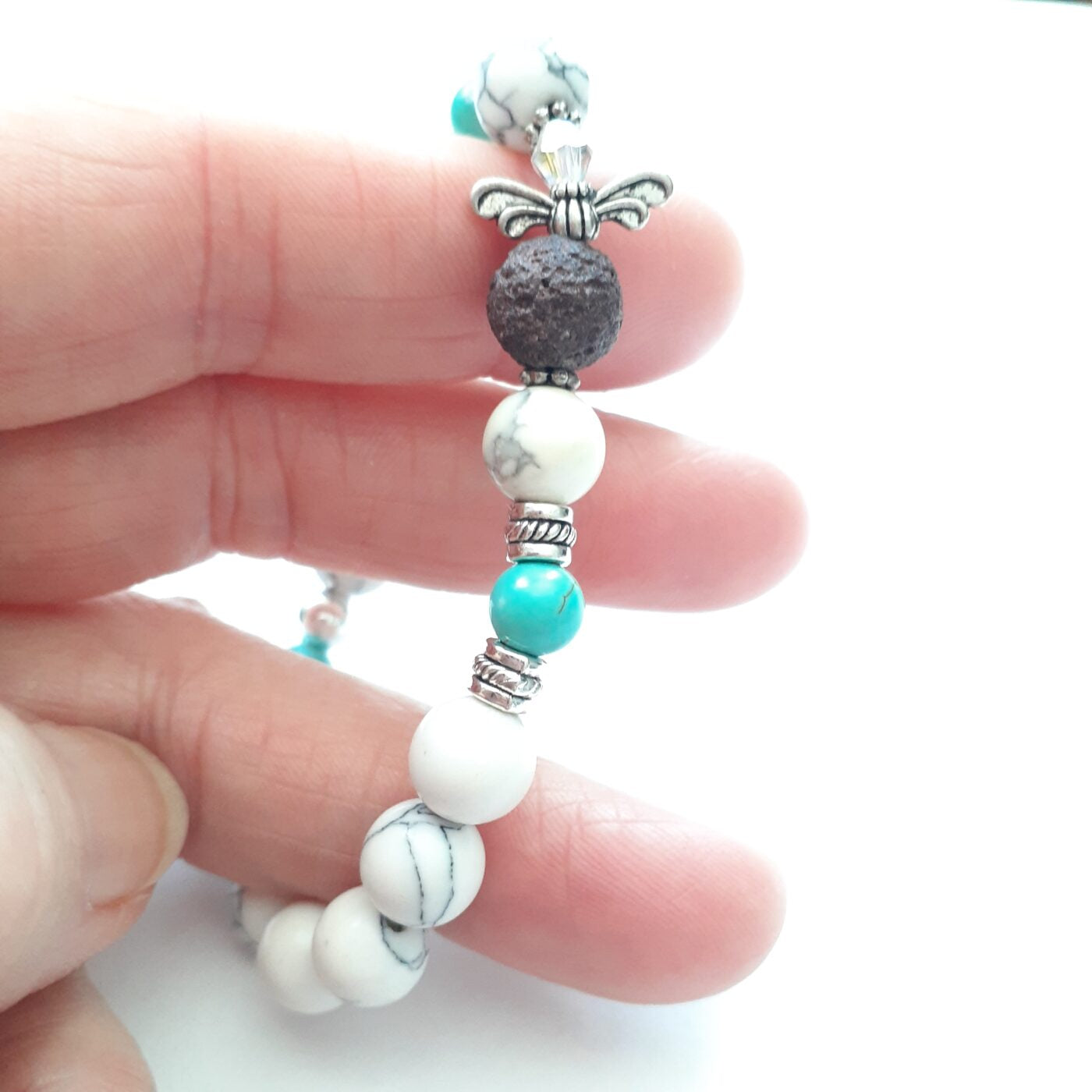 Little Lava Bead Angel White Howlite And Turquoise Howlite Beaded Stretch Bracelet