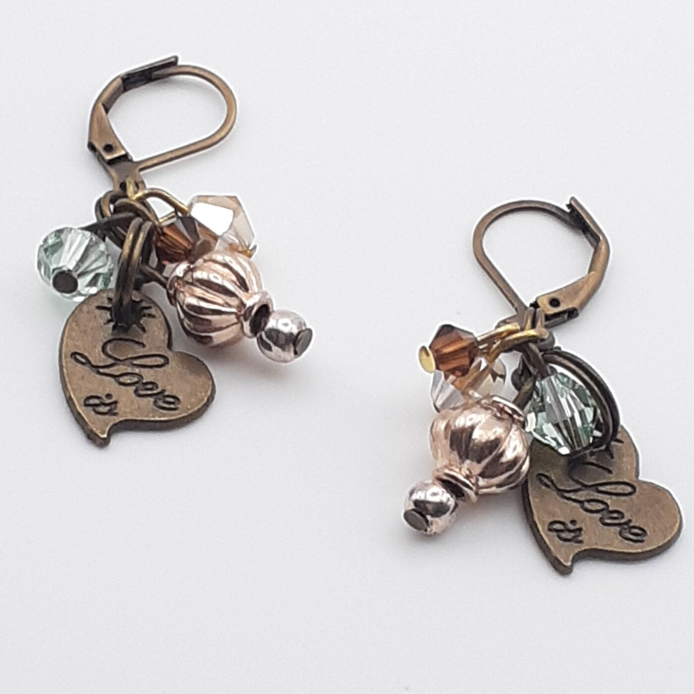 Love heart crystal earrings in bronze on lever back earrings