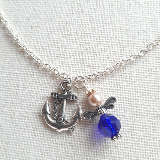 Mariners Guardian Angel Sapphire Blue Czech Crystal and Pearl Tiny Angel Charm on a Sterling Silver Necklace Chain with a Tibetan Silver 3D Anchor Charm
