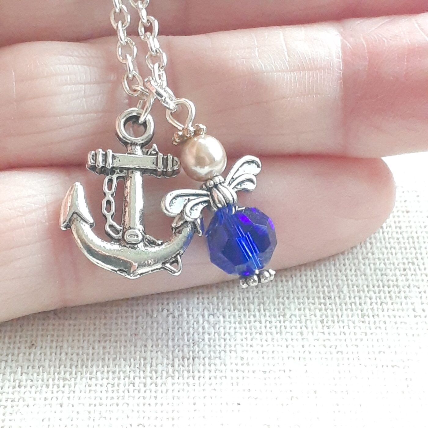 Mariners Guardian Angel Sapphire Blue Czech Crystal and Pearl Tiny Angel Charm on a Sterling Silver Necklace Chain with a Tibetan Silver 3D Anchor Charm