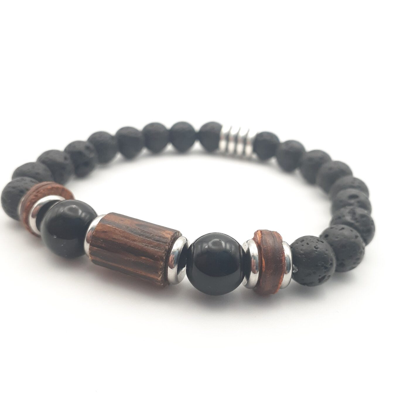 Mens Ladies Unisex Black Lava Stone and Natural Wood Bead with Silver Accents Stretch Bracelet