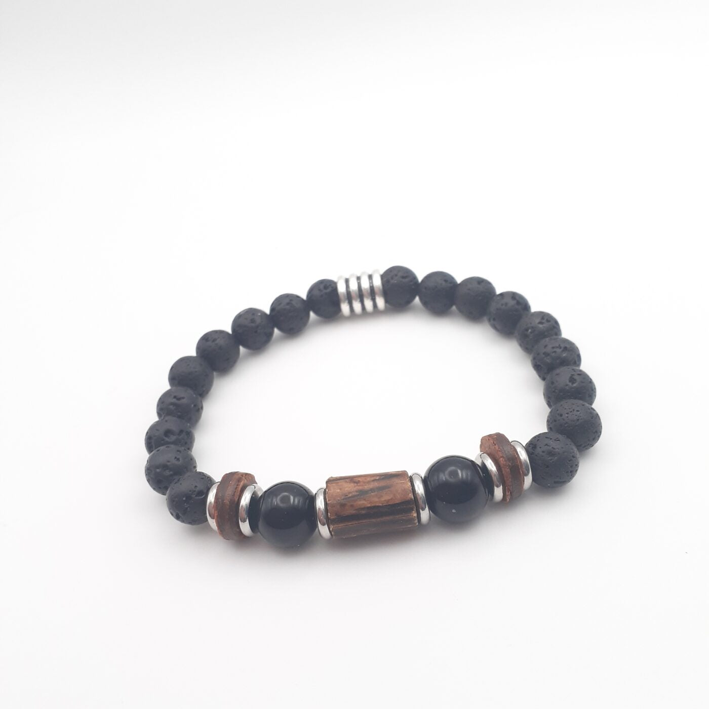 Mens Ladies Unisex Black Lava Stone and Natural Wood Bead with Silver Accents Stretch Bracelet