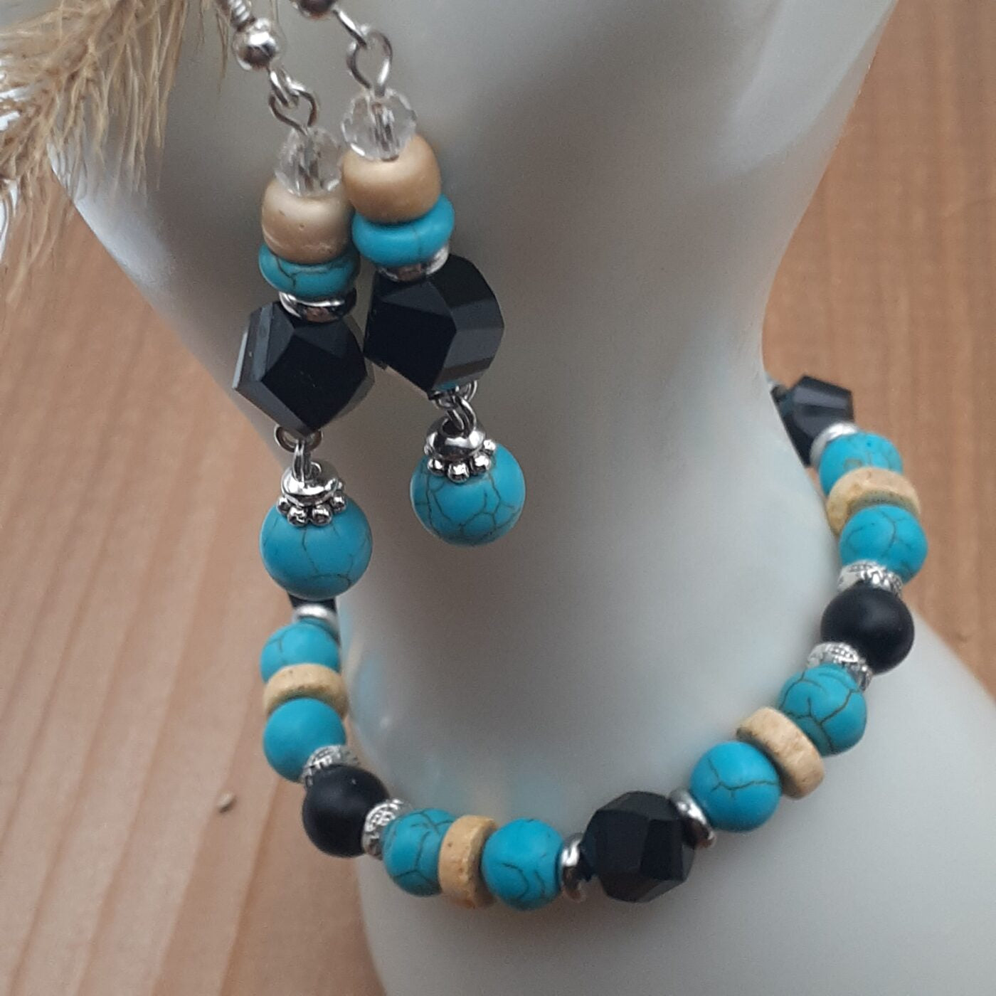 Midnight Blues Earrings and Stretch Bracelet Jewellery Set with Dyed Turquoise Howlite Beads Silver and Wood and Black Crystal Beads