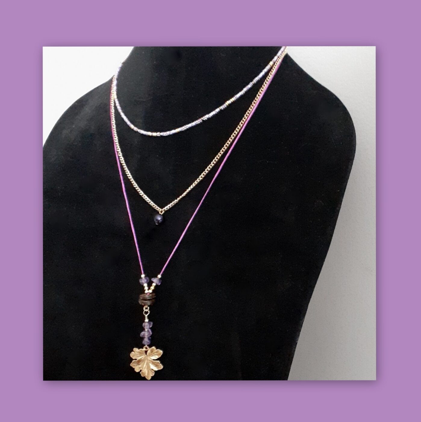 Minimalist style 3 necklace set with fushia silk cord necklace with amethyst and chain necklace and dainty miyuki seed bead necklace