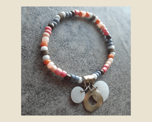 Modern and Chic Colour Seed Bead Stretch Style Bracelet with Mother of Pearl Shell and Brass Round Pendants