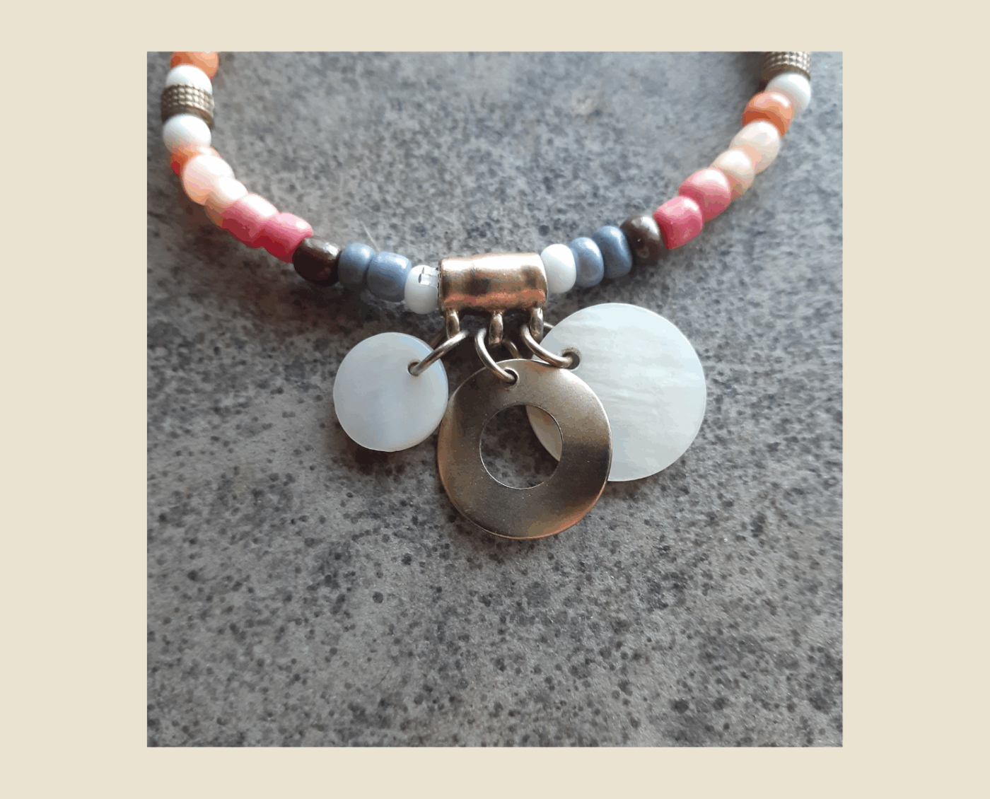 Modern and Chic Colour Seed Bead Stretch Style Bracelet with Mother of Pearl Shell and Brass Round Pendants