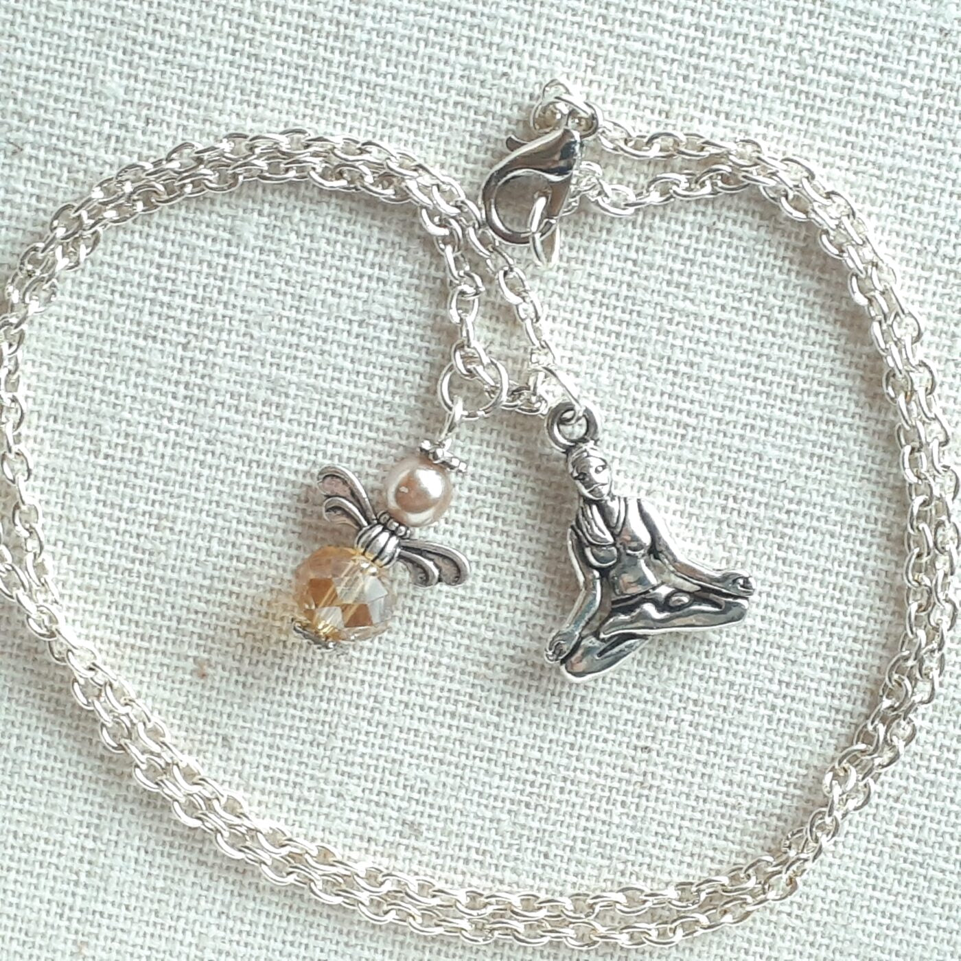 Namaste Guardian Angel Charm on Sterling Silver Chain with a Tibetan Silver 3D Yoga Charm