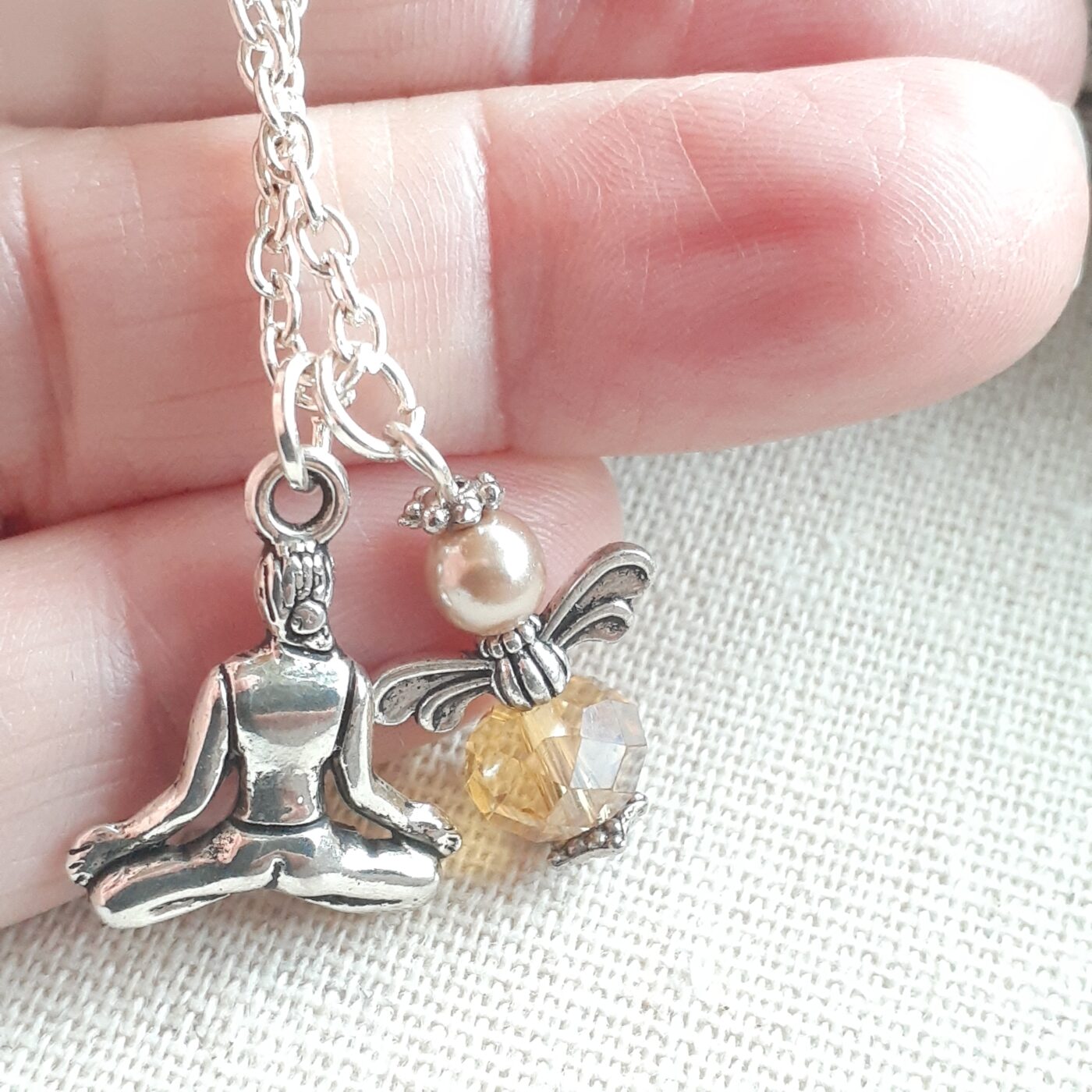 Namaste Guardian Angel Charm on Sterling Silver Chain with a Tibetan Silver 3D Yoga Charm