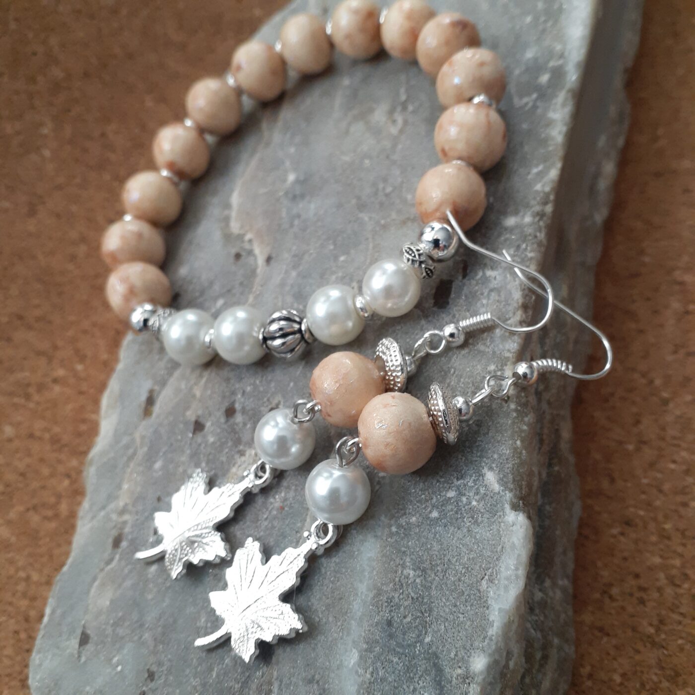 Naturalizer Beaded Wood and Pearl Stretch Bracelet and Earrings Set with Dangling Silver 3D Maple Leaf Charms