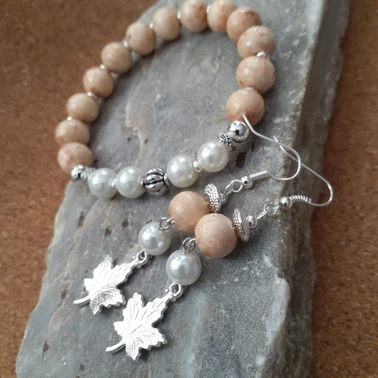 Naturalizer Beaded Wood and Pearl Stretch Bracelet and Earrings Set with Dangling Silver 3D Maple Leaf Charms