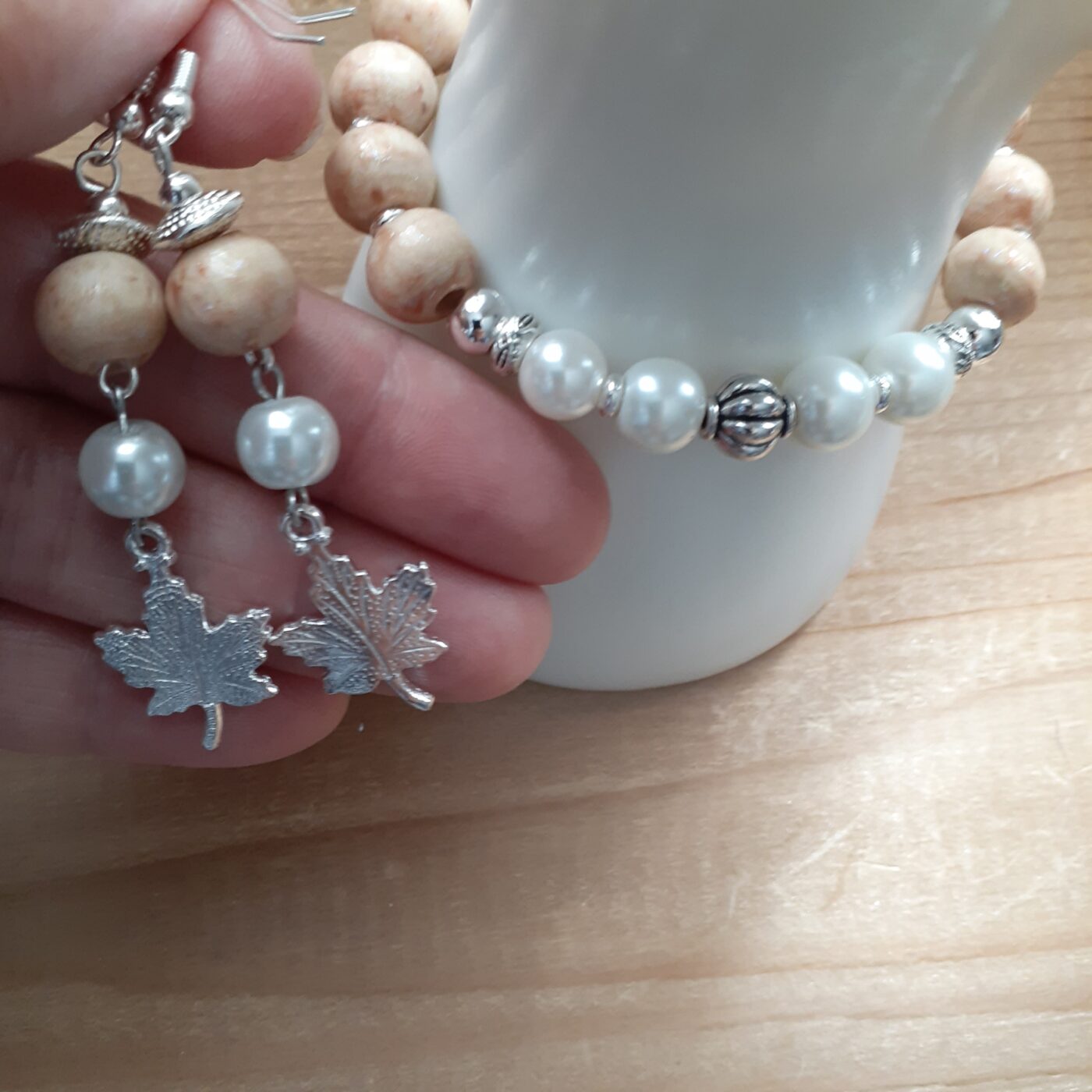 Naturalizer Beaded Wood and Pearl Stretch Bracelet and Earrings Set with Dangling Silver 3D Maple Leaf Charms