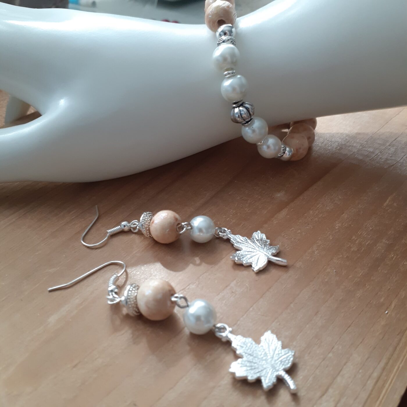 Naturalizer Beaded Wood and Pearl Stretch Bracelet and Earrings Set with Dangling Silver 3D Maple Leaf Charms