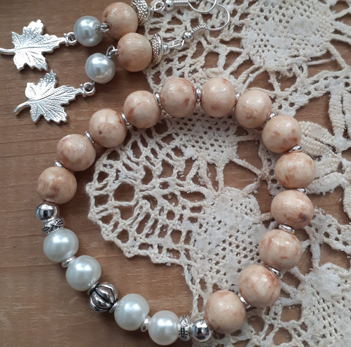 Naturalizer Beaded Wood and Pearl Stretch Bracelet and Earrings Set with Dangling Silver 3D Maple Leaf Charms