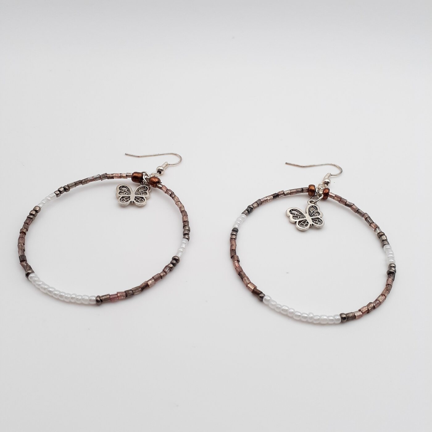 Frosted Rainbow Seed Bead Hoop Earrings with Silver Peace Sign Charms