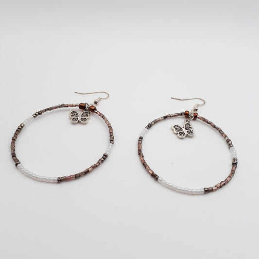 Frosted Rainbow Seed Bead Hoop Earrings with Silver Peace Sign Charms