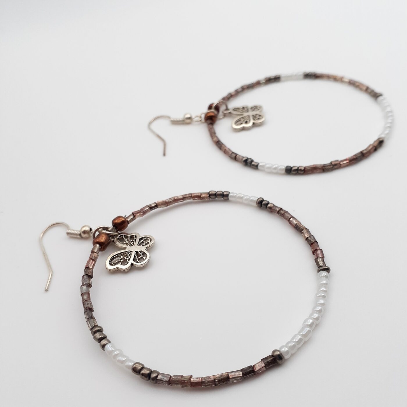 Frosted Rainbow Seed Bead Hoop Earrings with Silver Peace Sign Charms