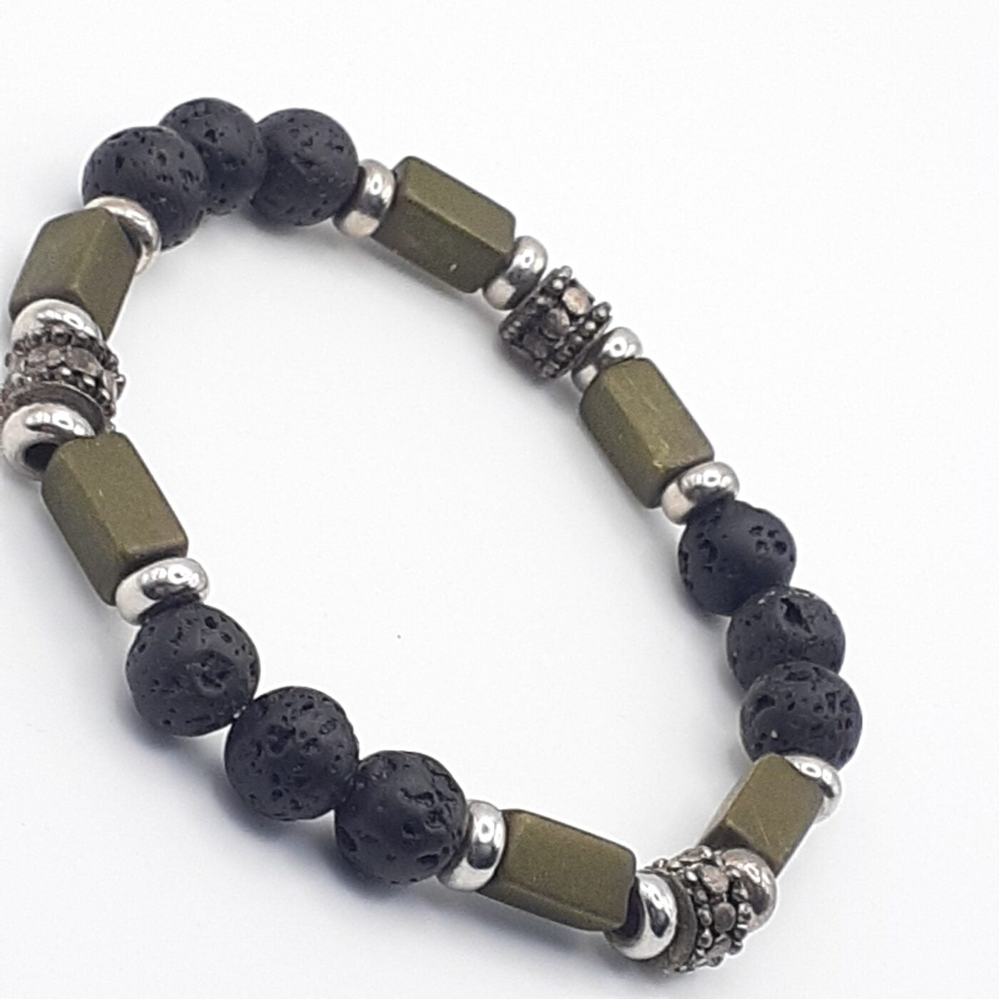 Olive Green Beaded Black Lava Stone Stretch Bracelet
