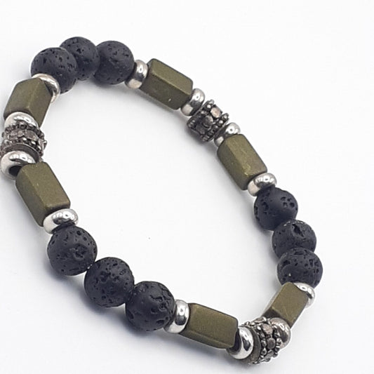 Olive Green Beaded Black Lava Stone Stretch Bracelet