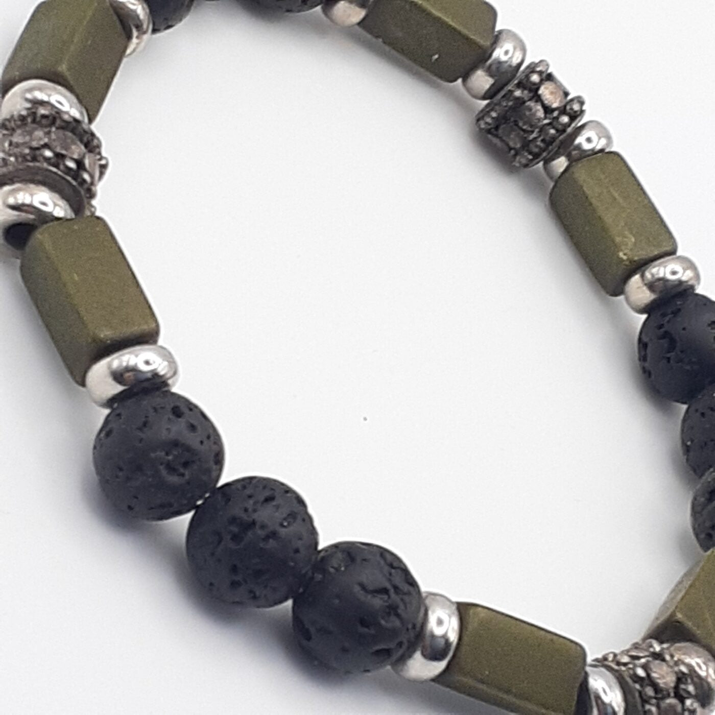 Olive Green Beaded Black Lava Stone Stretch Bracelet