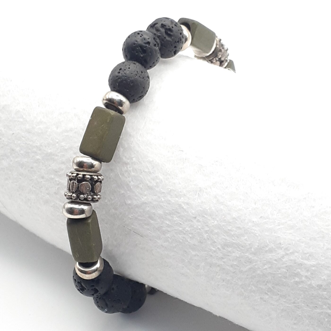 Olive Green Beaded Black Lava Stone Stretch Bracelet