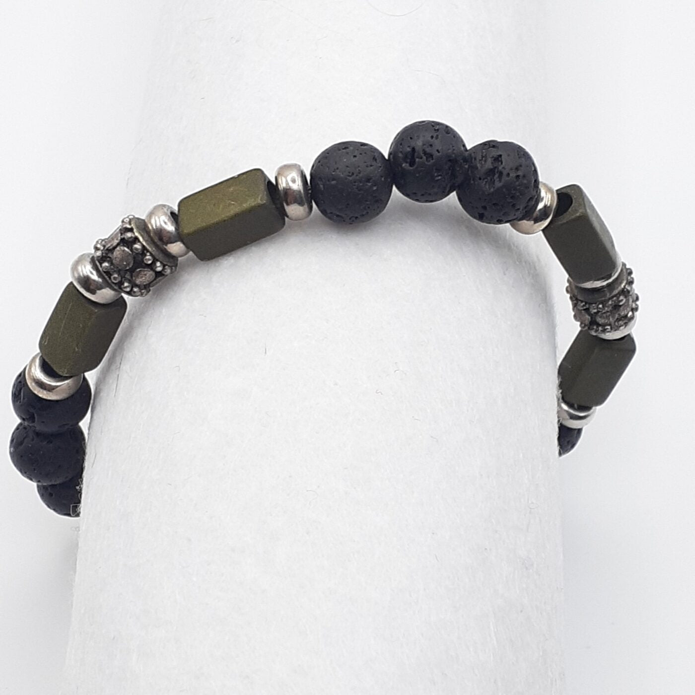 Olive Green Beaded Black Lava Stone Stretch Bracelet