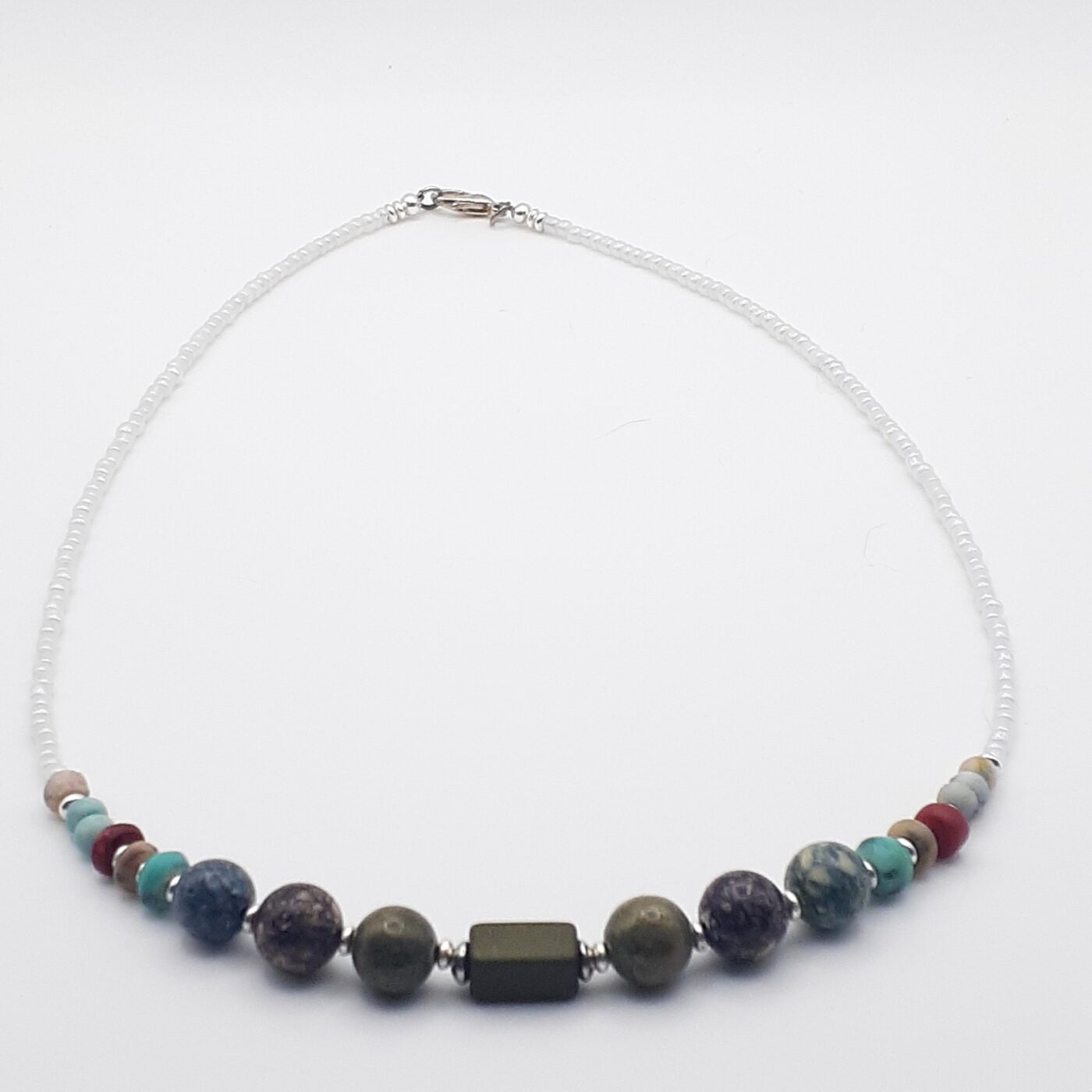 Olive Green Focal Bead with Colourful Stone Beads and Pearly White Seed Beads Necklace