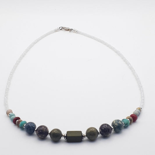 Olive Green Focal Bead with Colourful Stone Beads and Pearly White Seed Beads Necklace