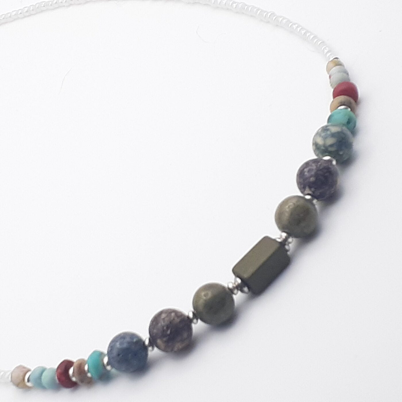 Olive Green Focal Bead with Colourful Stone Beads and Pearly White Seed Beads Necklace