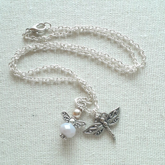 Opaque White Faceted Czech Crystal and Pearl Guardian Angel Charm with a 3D Dragonfly Charm on a Sterling Silver Chain Necklace